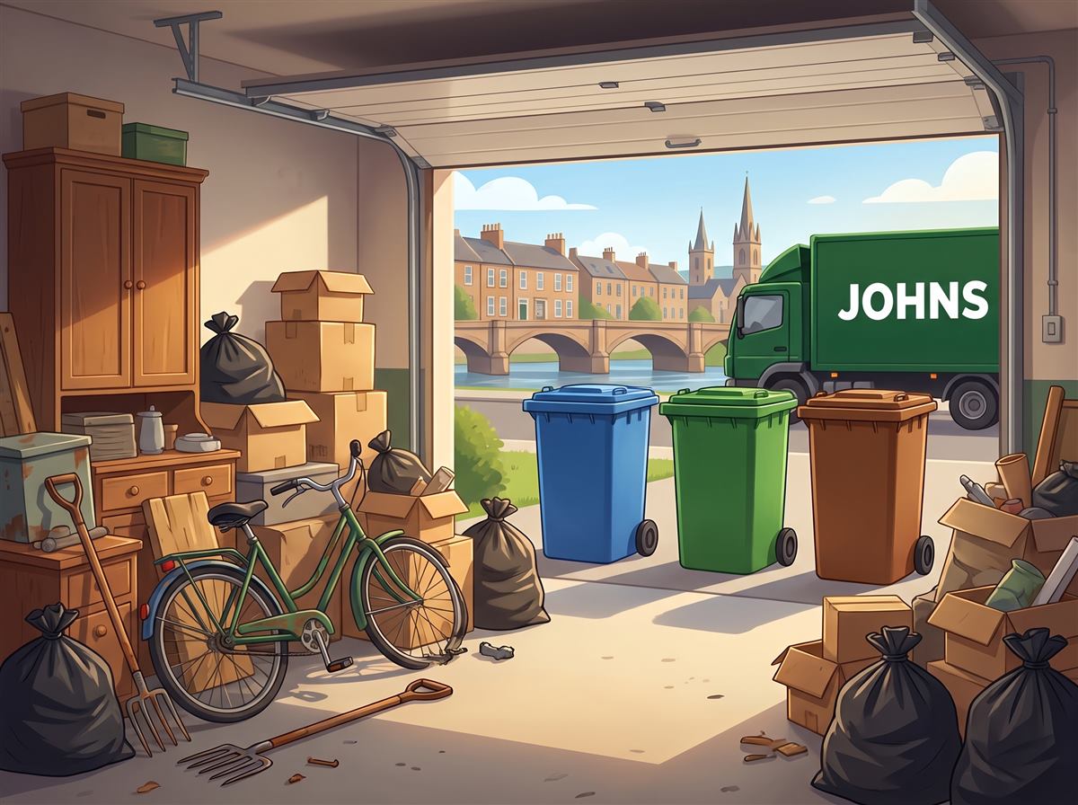 Cluttered garage before clearance in Ayrshire