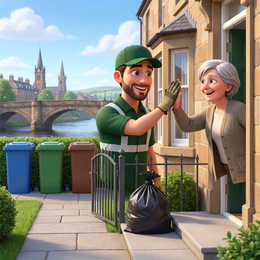 John high-fiving a happy customer at the door