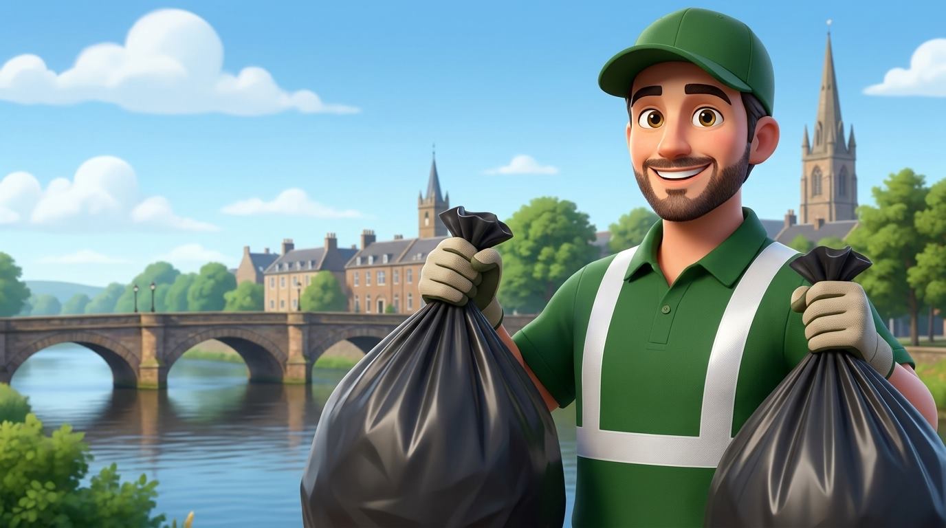 John of Johns Waste Management holding waste bags by the river bridge in Ayrshire