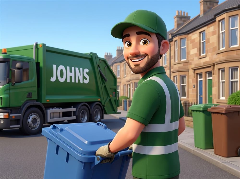 John wheeling a blue bin to the JOHNS lorry