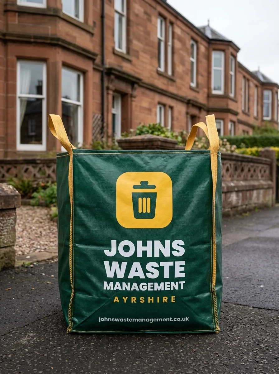 Johns Waste Bags — branded 1-tonne skip bag on an Ayrshire driveway