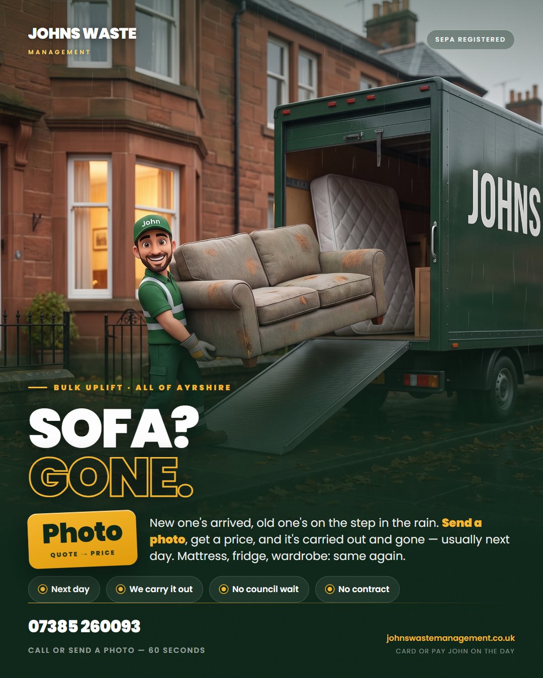 Sofa? Gone. — Johns Waste Management rubbish removal and bulk uplifts, Ayrshire