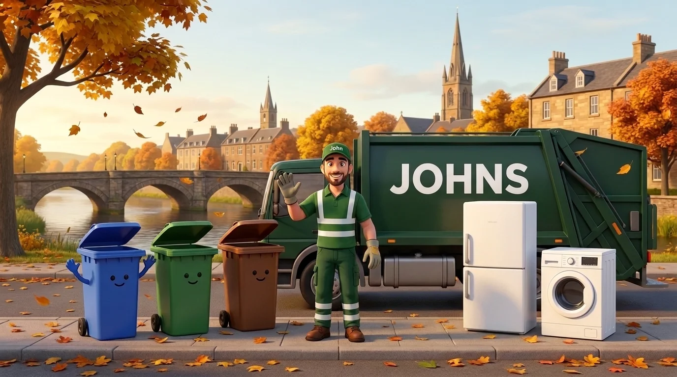 John of Johns Waste Management waving beside his bin lorry in autumn, with blue, green and brown wheelie bins, a fridge freezer and a washing machine ready for collection in Ayrshire