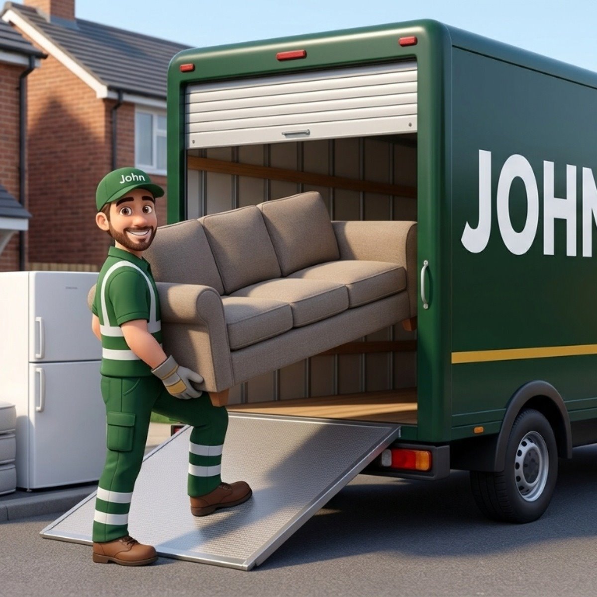 Johns Waste Management carrying a sofa into the van — bulk uplifts, South Ayrshire